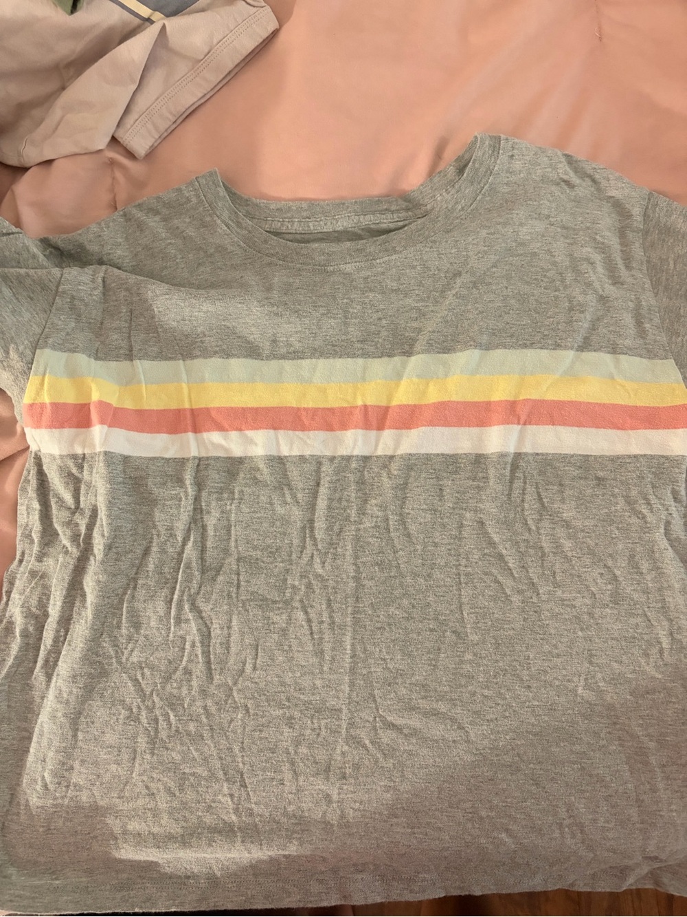 Hollister Grey Tee with Pastel Yellow, Peach, White & Light Blue Stripes